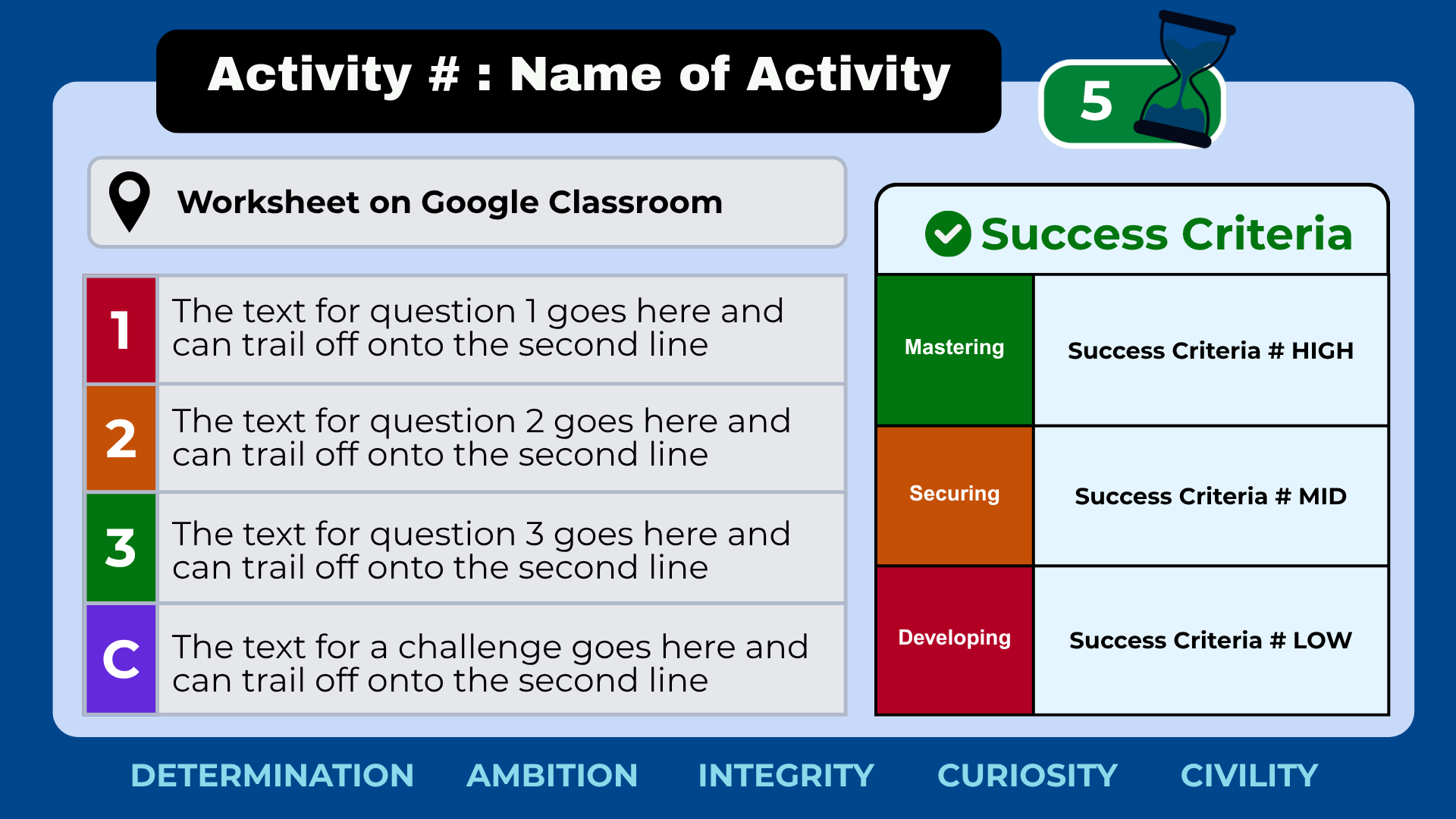 An example 'Activity' slide from my brand template